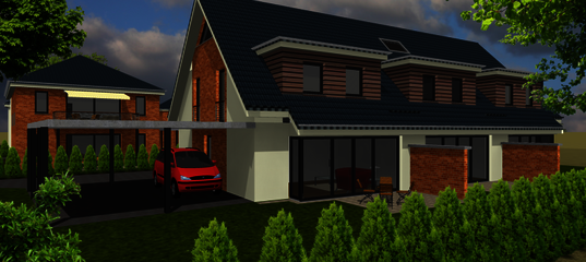 3D-Ansicht des Reihenhauses von der Gartenseite