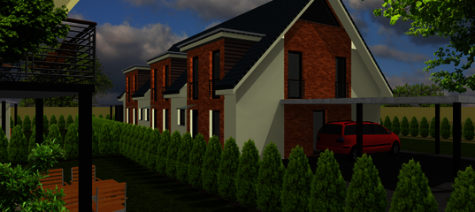 3D-Ansicht des Reihenhauses von der Eingangsseite